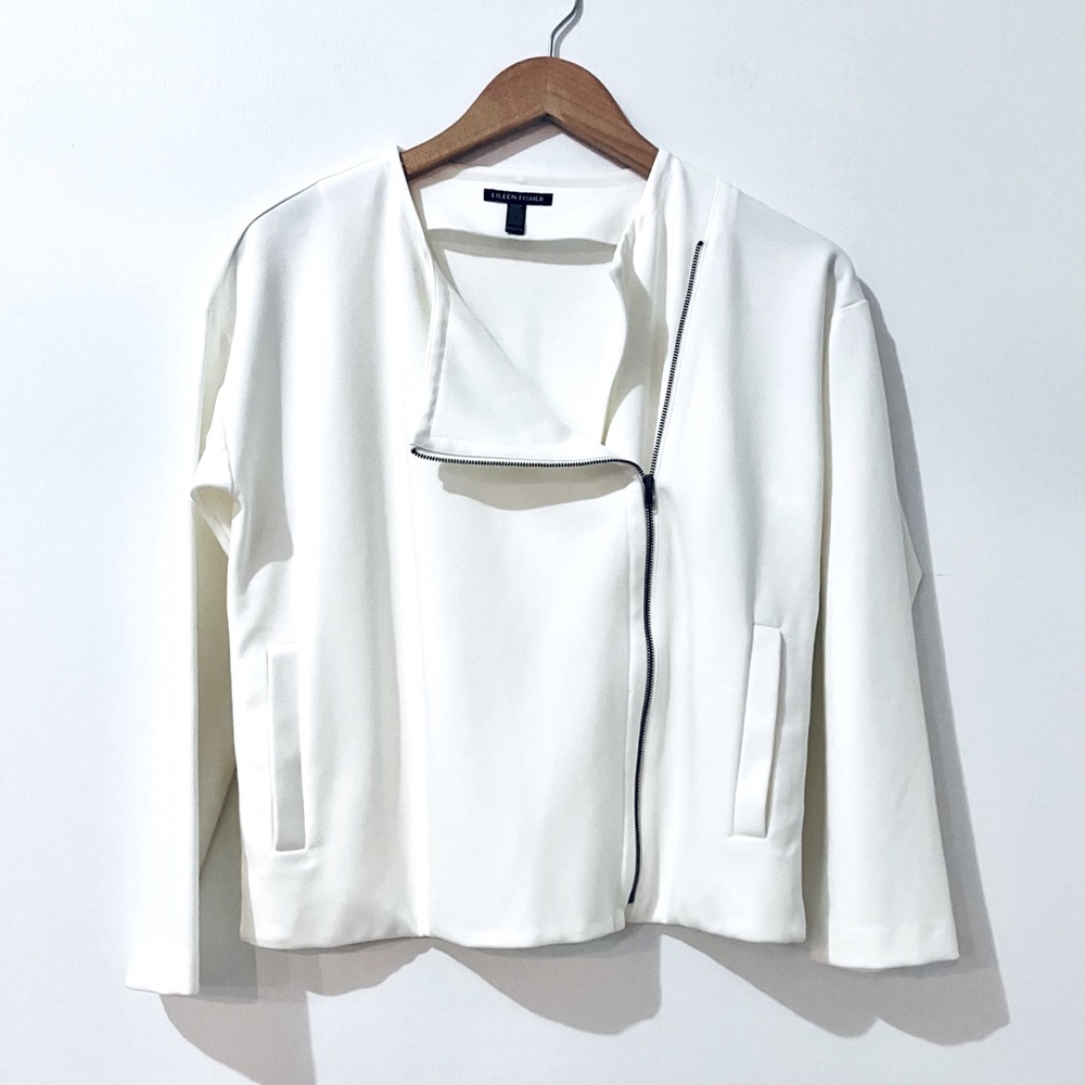 Eileen Fisher Flex Creamy White Asymmetrical Zipper Oversized Moto Jacket | XXS